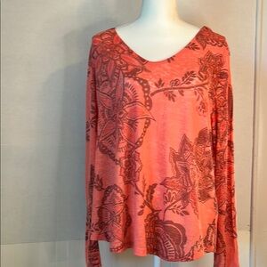 J Jill Womens L/S Semi Sheer Orange Floral Top. Size XL